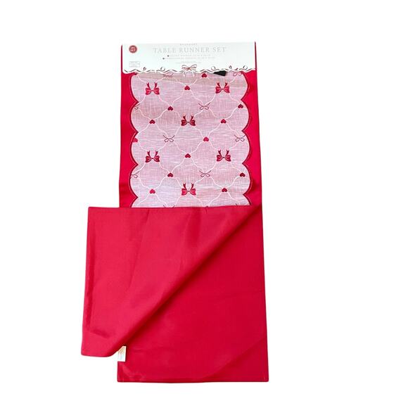 2pc Velvet Valentines Day Table Runner Bows Hearts Red & White by Envogue New - Picture 3 of 13
